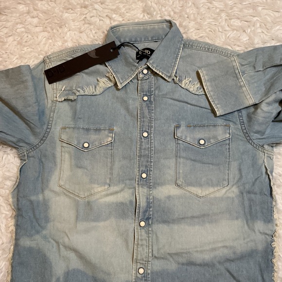 D-ID Denim Island Western Shirt Dress Small Blue New Distressed Pearl Snap Tunic - Picture 5 of 11